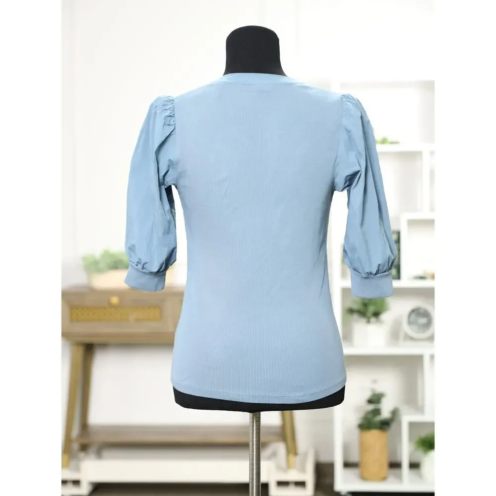 Veronica Beard Dusty Blue Ribbed Cotton Puff Sleeve Quiet Luxuy Capsule Top S - Picture 7 of 15
